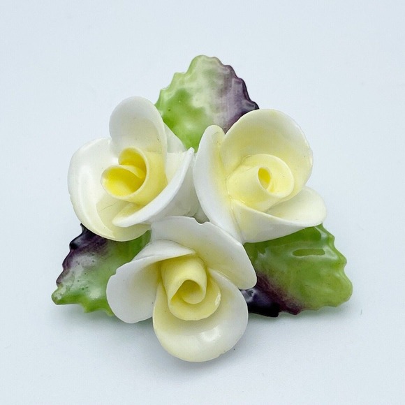 Cara Jewelry - Vintage Cara Staffordshire China Yellow White Roses Brooch Pin Hand Painted